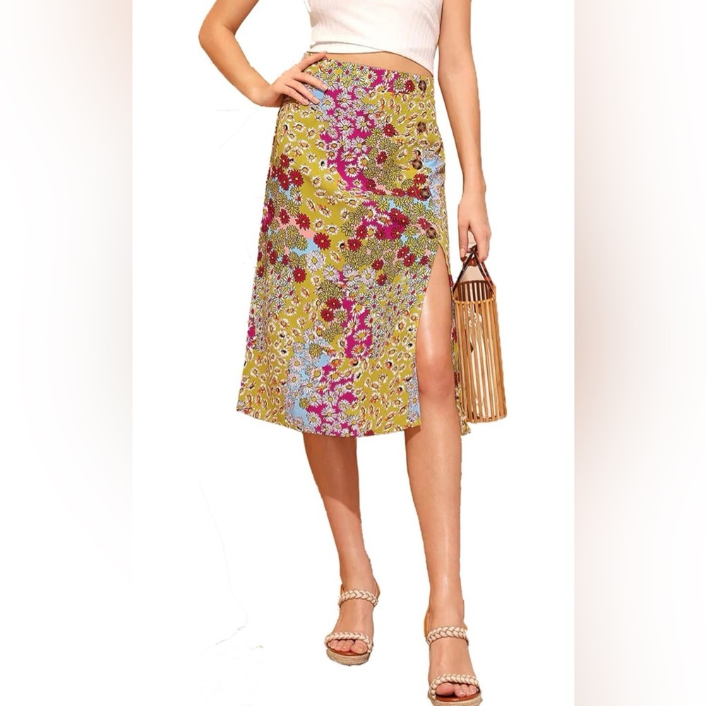 Women's Boho Floral High Waist Split A Line Midi Skirt size M